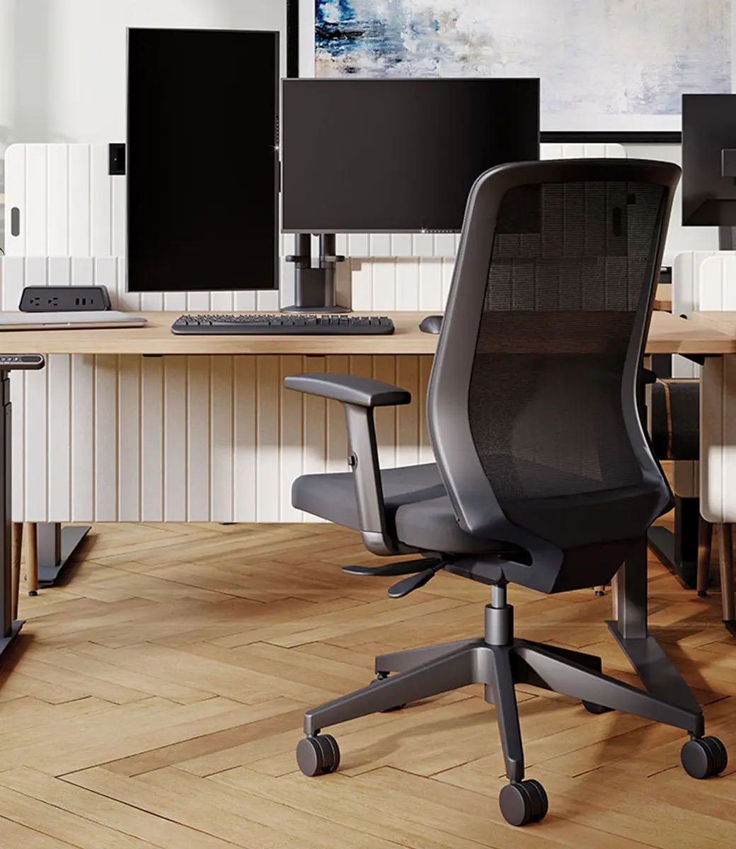 E2 Dual Arm Rotated Monitor Desk Setting